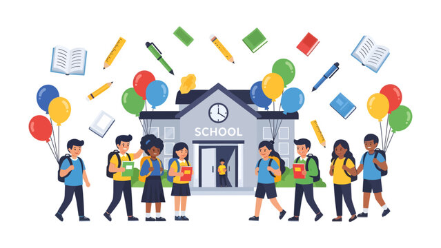 School's Out Celebration: Children with backpacks and books depart from a school building adorned with balloons, pencils, and open books floating around them.