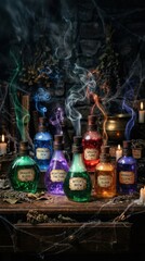 Naklejka premium Spooky potion lineup with glowing bottles and smoky cauldron backdrop. Halloween concept.