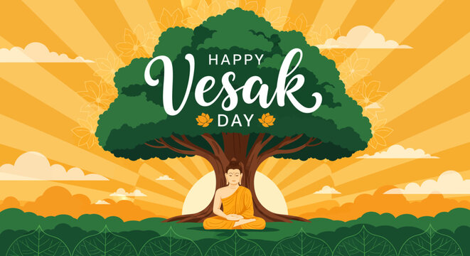 Happy vesak day celebration with monk meditating under bodhi tree