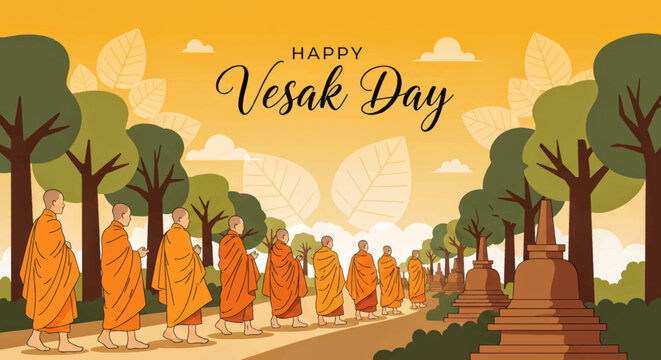 Happy vesak day banner with buddhist monks procession and stupas