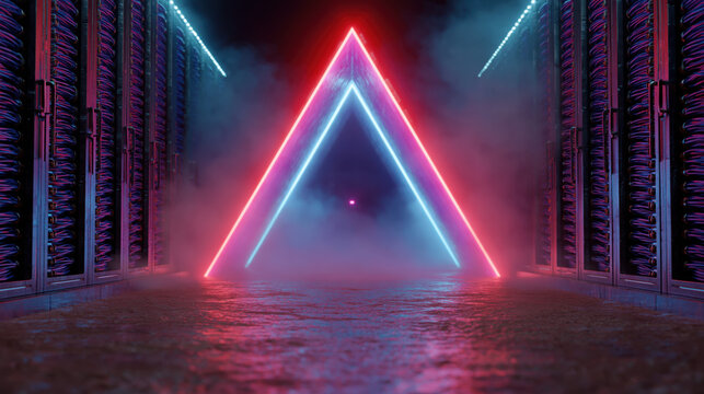 Cyberpunk Server Room Corridor Glowing with Neon Triangle and Electric Light