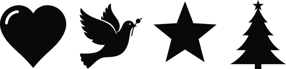 Obraz premium Black silhouette of a heart, dove with olive branch, star, and christmas tree on white background love