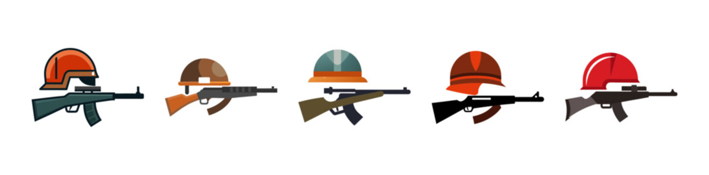 Cartoon military helmets with rifles, flat design style set