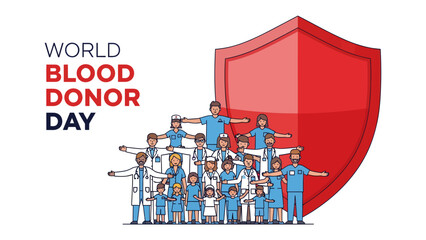 World Blood Donor Day: A collective of medical professionals stands united behind a protective red shield, symbolizing solidarity and the vital importance of blood donation for saving lives. © Murshida