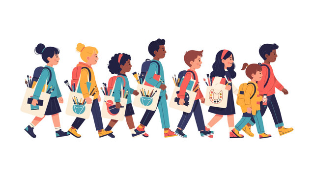 School Days Ahead: A diverse group of children, each with a backpack and tote bag filled with school supplies, walks forward with purpose.