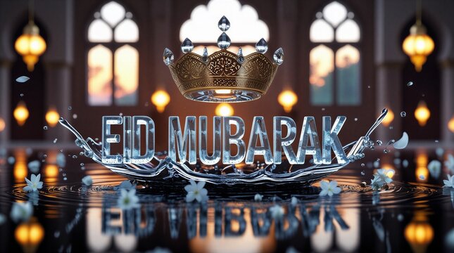 Luxury Eid Mubarak Greeting with Crystal Glass Text and Water Splash in Elegant Mosque Background
