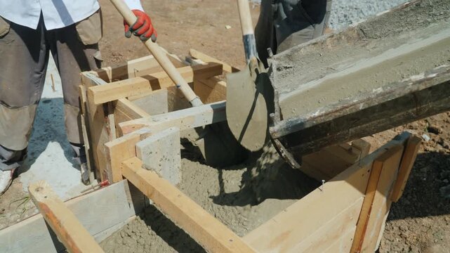 Close up slow motion video of two construction workers pouring concrete into wooden formwork on sunny day.