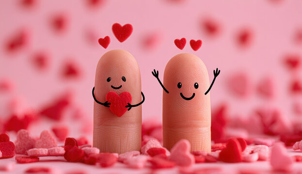 Two finger puppets showing love with hearts and candy on a pink background during a celebration of affection