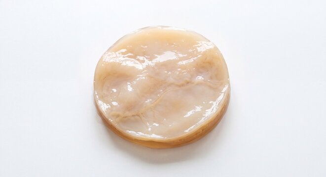 A single beige kombucha scoby culture disk isolated on a plain white background for macro viewing.