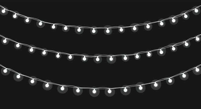 Three rows of glowing white string lights or decorative fairy lights are hung against a solid dark grey nocturnal background.