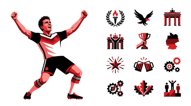 Flat vector illustration featuring a cheering soccer player in sports kit alongside iconic German symbols including the Brandenburg Gate, eagle, map, trophy, and beer mugs.