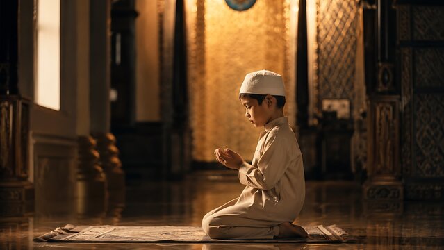 Devotion in Prayer: A young boy in traditional attire kneels in prayer on a mat, his hands clasped in supplication within a richly decorated, dimly lit prayer hall.