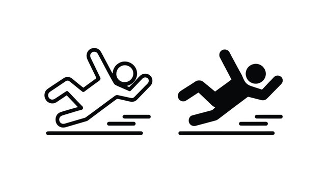 Person slipping and falling outline and solid icons.