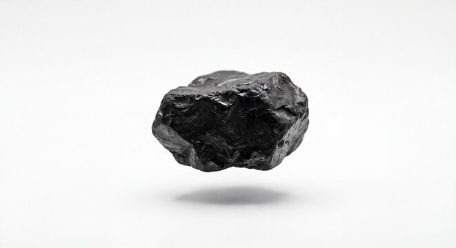 A single piece of jagged black coal isolated centrally against a crisp and clean white background.
