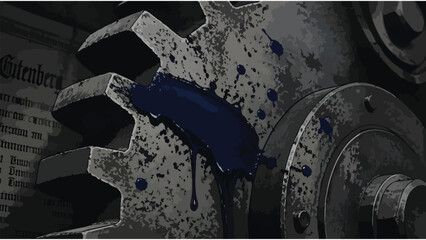 Industrial Machine Gear with Blue Paint Splatter, Manufacturing Process Detail © mest selda blessun