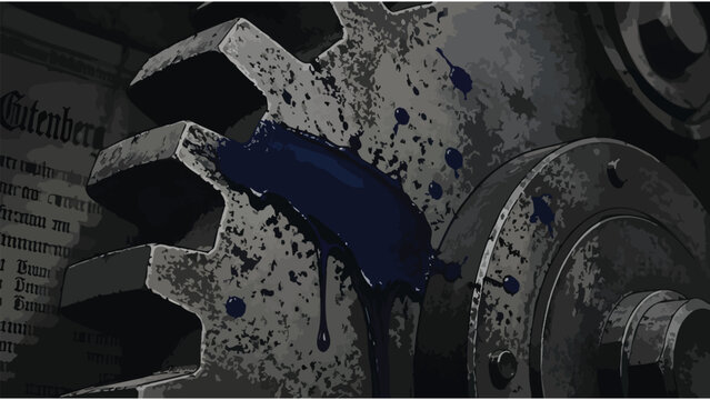 Industrial Machine Gear with Blue Paint Splatter, Manufacturing Process Detail