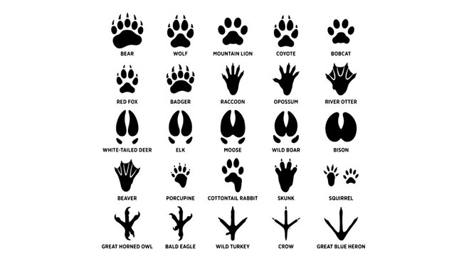 Animal paw print icons set with wild mammals including bear, wolf, coyote, deer, fox, elk, moose, and bison
