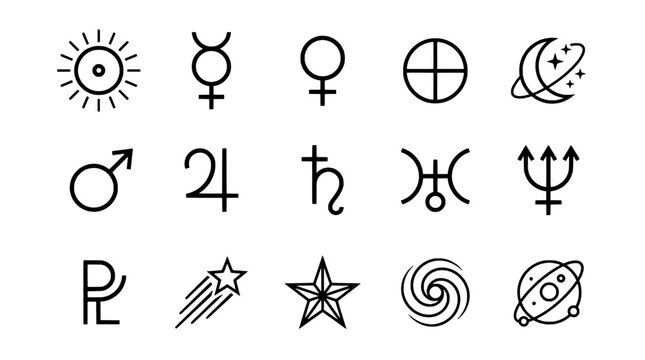 Astronomy symbols set with planets, stars, moons, orbits, and space icons for educational charts and diagrams