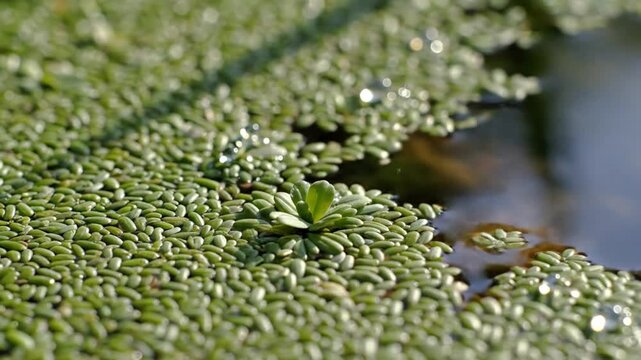 Closeup view of lush green duckweed and a single plant floating on the still, clear surface of a pond.