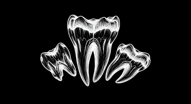X-ray style illustration of three human teeth on a black background.