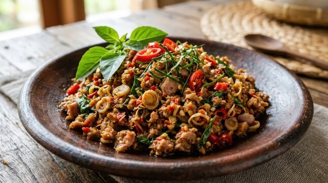 Traditional spicy tuna garo rica served on a rustic clay plate featuring finely minced fish meat, vibrant red chili peppers, fresh aromatic basil, and lemongrass for an authentic culinary display.