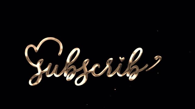 Golden "Subscribe" animated handwriting with elegant ink splatters. Alpha channel transparent background overlay. Perfect call to action for social media and video channels.