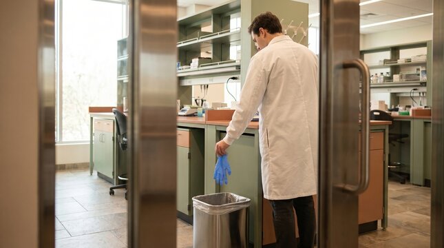Scientist in white lab coat discards blue nitrile glove into stainless steel trash bin in bright research laboratory with counters and equipment, conveying routine cleanup and safety