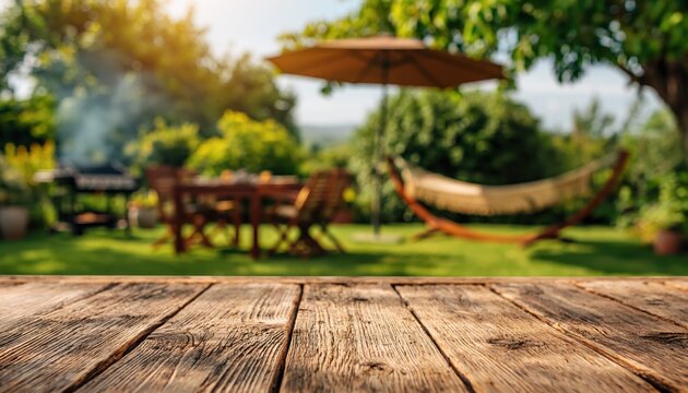 Table wooden rustic surface with blurred summer garden background for product display