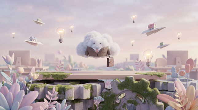 cute cloud business character with briefcase floating above gears, wooden podium mockup, flying paper planes with housees and light bulbs -start up, innovation, work life balance and big ideas