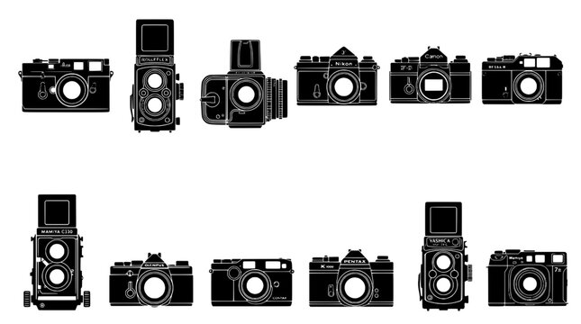 Cameras vintage set with classic film photography designs and detailed lenses featuring black and white, retro, old-fashioned with analog and camera