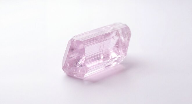 A single raw pastel pink kunzite crystal gemstone isolated on a clean white studio background.