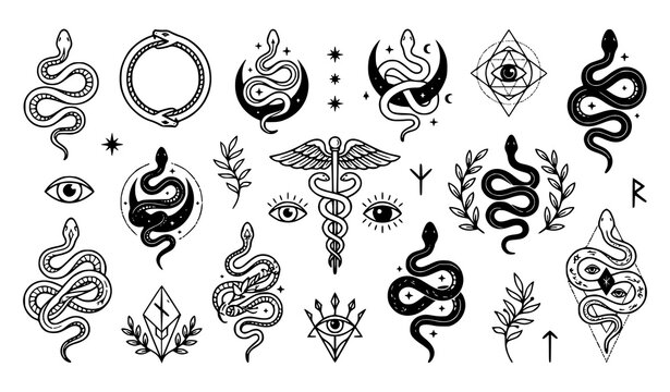 Vintage snake and celestial symbol collection mystical line art illustrations