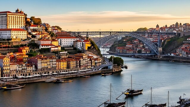 Picturesque Porto Portugal Riverside Scenery with Dom Lu?s I Bridge.