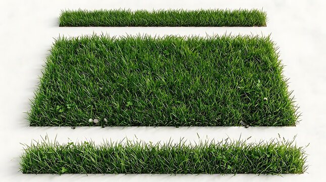 Realistic patches of lush green grass and manicured lawn sections isolated on white background natural outdoor beauty.