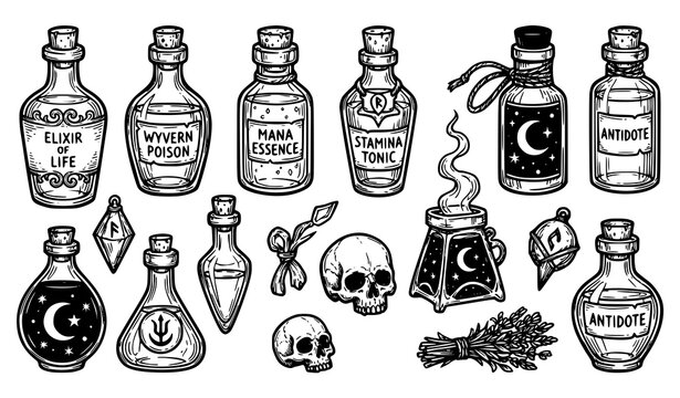 Fantasy potion bottles and magical items