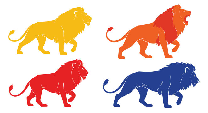 Silhouette of four lions in yellow orange red and blue colors showing strength and majesty of the wild animal in a creative style.