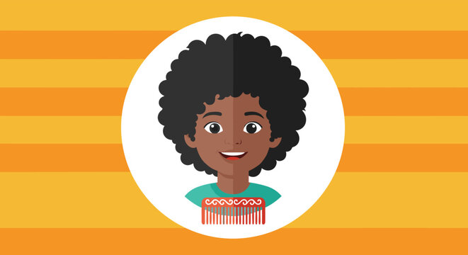 Portrait of a young person with an afro hairstyle wearing a comb or pick on a striped orange background for social diversity theme.