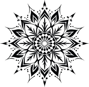 Elaborate black and white mandala with delicate floral elements and dots Keywords: mandala, black