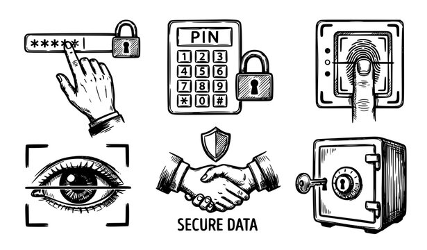 Data security illustration set passwords biometrics and confidentiality concepts