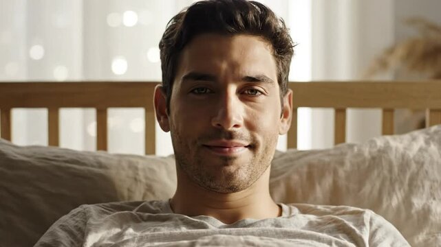 Handsome man awakening in bed after a peaceful sleep looking directly at the viewer with a friendly expression