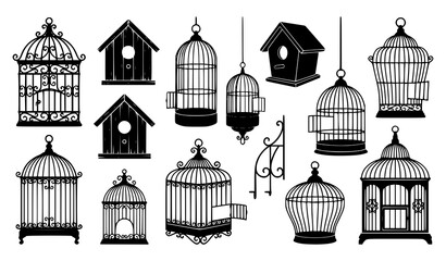 Fototapeta premium Black and white birdcage and birdhouse illustrations