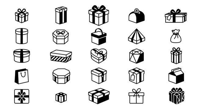 Gift box icons set with various ribbon styles, bows, and open presents in a simple line art illustration
