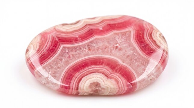 A smooth polished rhodochrosite gemstone featuring intricate concentric pink and white banding.