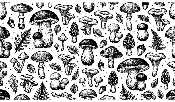 Vintage engraving mushroom pattern botanical illustration seamless repeat
