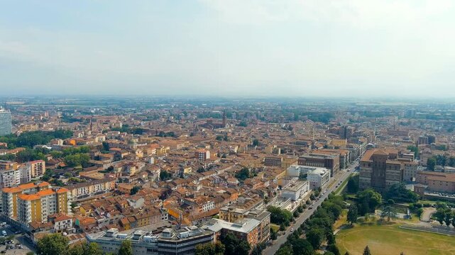Piacenza, Italy. Cathedral of Piacenza. Episcopal Palace. Historical city center. Summer day. Drone footage