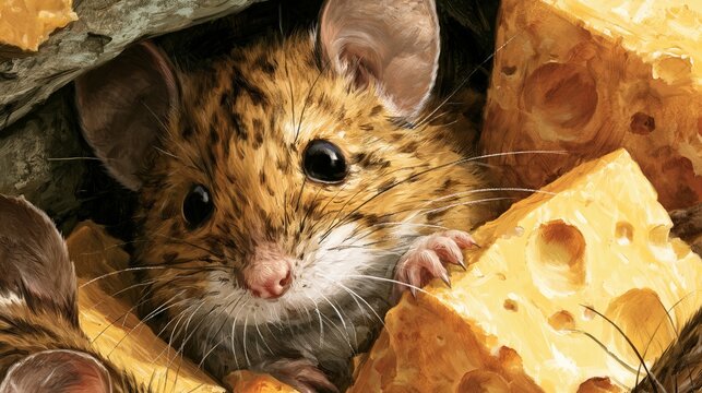 Spotted Mouse Peeking Out From Behind Cheese Blocks In Cozy Burrow For Wildlife Concepts
