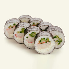Crab and cream cheese maki rolls arranged neatly © Cavan