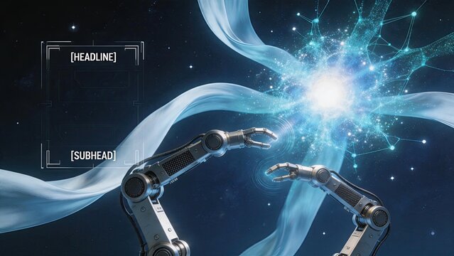 Futuristic robotic arms reaching towards a glowing neural network energy core, representing artificial intelligence, machine learning, automation, advanced robotics, and future
