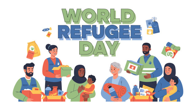 World Refugee Day Aid: A diverse group of volunteers and refugees participate in a humanitarian effort for World Refugee Day, distributing essential supplies and offering support.
