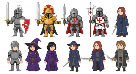 Naklejka premium Medieval fantasy characters, cartoon heroes, 10 icons set, vector illustrations